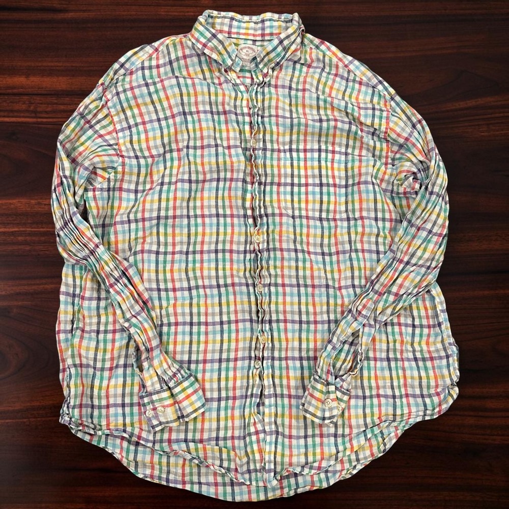 Brooks Brothers 346 Linen Shirt Rainbow Plaid Check Button Down Mens XL Multi
